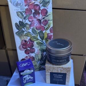 Holiday Entertaining set -Candle, Napkin Set, champagne stopper, holiday pop up